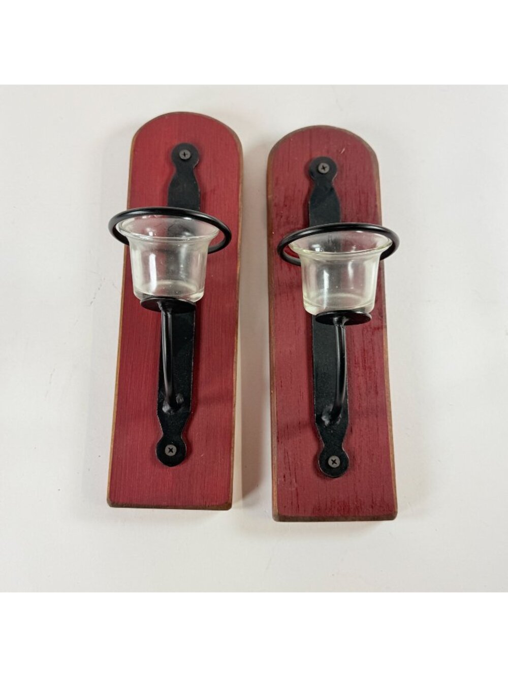 Wall Sconce Candle Holders Rustic Handmade Wood & Metal Pair Red Glass Inserts